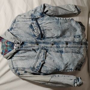 (C-72) New Image Stonewash Denim Vintage Zip/Button Up Jacket W/Hood Oversized